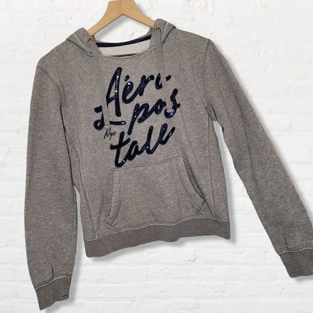 Aeropostale Hoodie with Blue Sequin Lettering, Size Medium